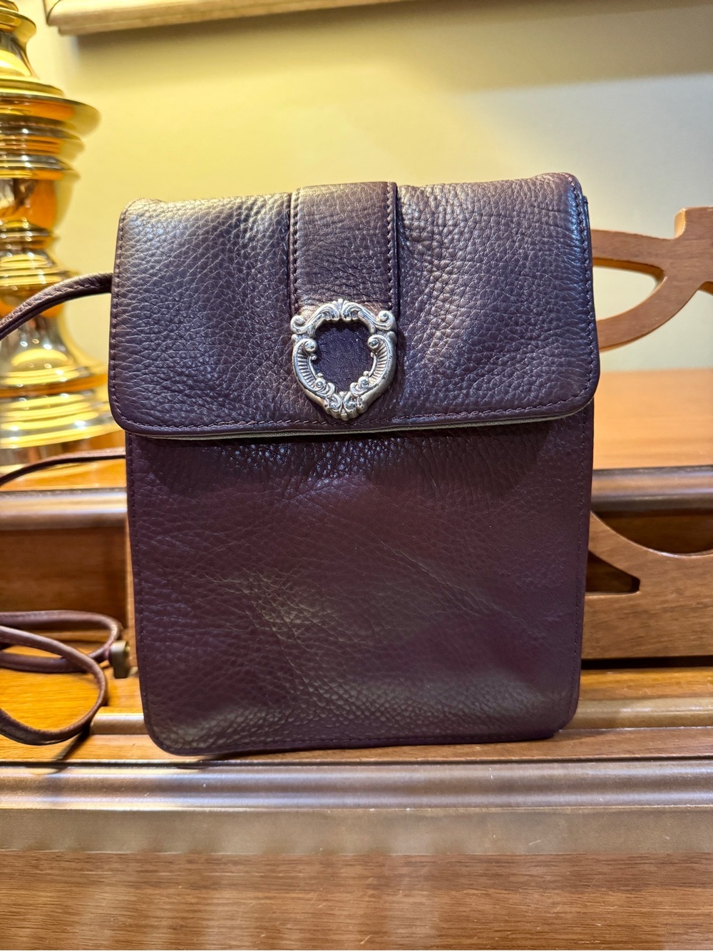 Y2K Brown Pebbled Leather Crossbody Bag with Ornate Silver Buckle